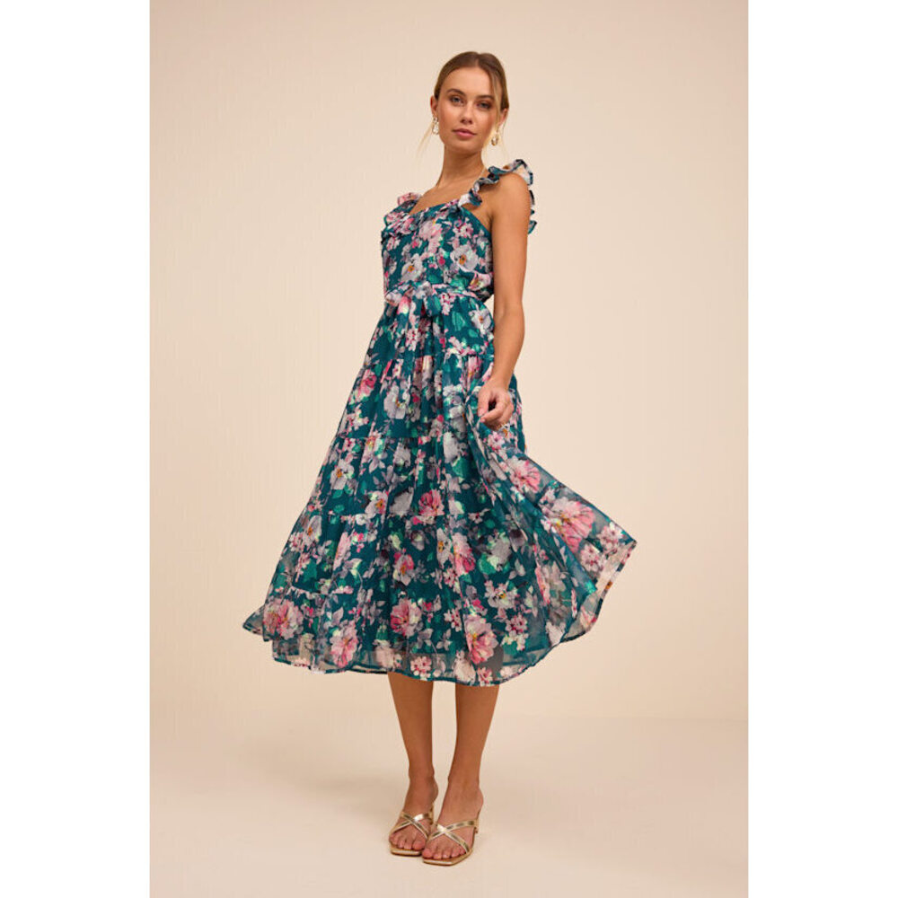 Lulus Shela Teal Floral Jacquard Tiered Midi Dress Green - Size L
